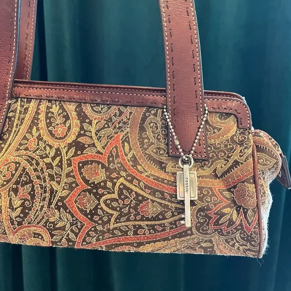 Vintage Fossil Brown Shoulder Bag Tapestry Design - Picture 2 of 8